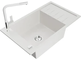 Mexen Elias, 1-komorový granitový drez 795x480x200 mm a drezová batéria Flora, biela, 6511-20-670401-02