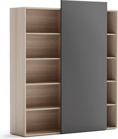 Kancelársky regál s posuvným panelom BLOCK, 1600 × 400 × 1748 mm, prírodný dub/grafitová