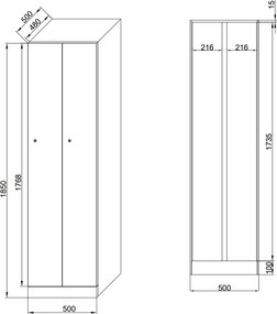 Kovová šatníková skrinka S1 zúžená, 2 oddiely, 1850 x 500 x 500 mm, zámok s čítačkou RFID kariet, tmavosivé dvere
