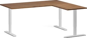 Výškovo nastaviteľný stôl, 180x160 cm, 3 motory, L/P, biela podnož, orech