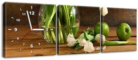 Gario Obraz s hodinami Očarujúce biele tulipány - 3 dielny Rozmery: 80 x 40 cm