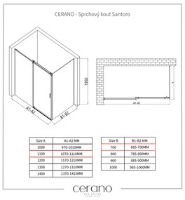 Cerano Santoro, sprchový kút s posuvnými dverami 110(dvere) x 70(stena) x 195 cm, 6mm číre sklo, čierny profil, CER-CER-431482