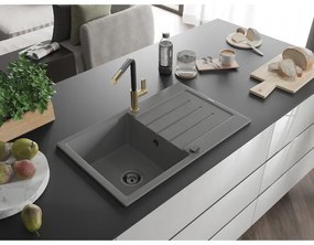 Mexen Bruno, 1-komorový granitový drez 795x495x200 mm a drezová batéria Flora, šedá, 6513-71-670401-57-B