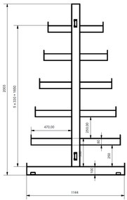 Konzolový regál, obojstranný, stromčekový, 2000 x 1380 x 1144 mm, 6 poschodí