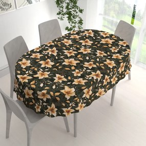 Biante Bavlnený oválny obrus Sandra SA-736 Hnedooranžové kvety vanilky na tmavo zelenom 140x160 cm