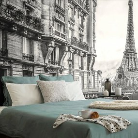Samolepiaca tapeta čiernobiela Eiffelova veža z ulice Paríža - 375x250