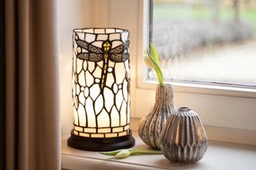 Biela valcovitá stolná lampa Tiffany s vážkou DragonFly - Ø 15*26 cm E14/max 1*40W
