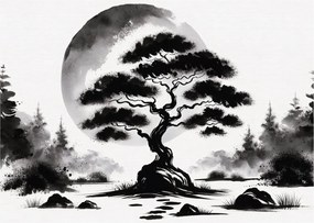 Sklenený obraz – Čiernobiela bonsai (70x50 cm)