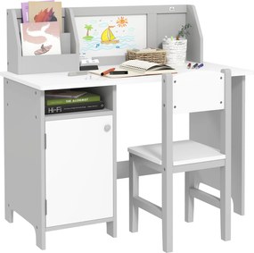 HOMCOM Detský stôl s kreslom so špeciálnou tabulou drevený študijný stôl pre deti od 5 rokov 90x45x85 cm Šedý | Aosom