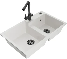 Mexen Tomas, granitový drez 800x500x190 mm, 2-komorový a čierna batéria Duero, biela, 6516-20-671600-70