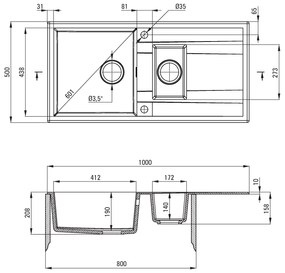 Deante Eridan, granitový drez na dosku 1000x500x208 mm Z/O, 3,5" + priestorovo úsporný sifón, 1,5-komorový, antracitová metalíza, DEA-ZQE_T513