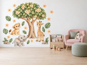 Mláďatká pod kvitnúcim stromom kvitnúce akvarelové nálepky so safari zvieratkami pre dievčatá aj chlapcov na stenu arch 30 x 46 cm