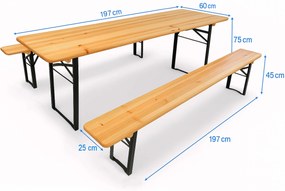 Pivný set 197x60 cm – Záhradný stôl s lavicami pre 8 osôb | Masív + kov - 197cm x 60cm -