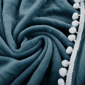Kondela TEMPO-KONDELA AKRA, plyšová deka s brmbolcami, oceľová modrá, 130x150 cm