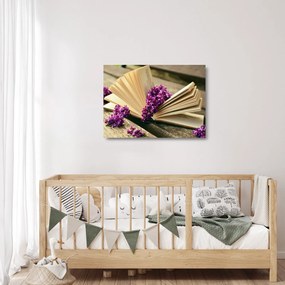 Sklenený obraz knihy a fialovej kvetiny (70x50 cm)