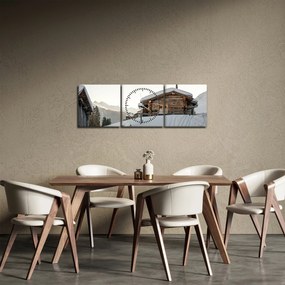 Obraz - horská chata v snehu (s hodinami) (90x30 cm)
