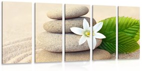 5-dielny obraz biely kvet a kamene v piesku