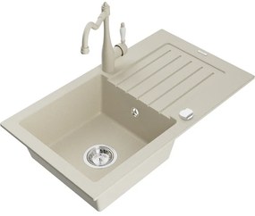 Mexen Pablo, 1-komorový granitový drez 752x436x161 mm a drezová batéria Carla, béžová, 6510-69-670700-69