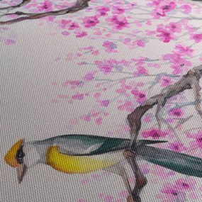 Obraz - Vtáčik na strome s ružovými kvetmi (90x60 cm)