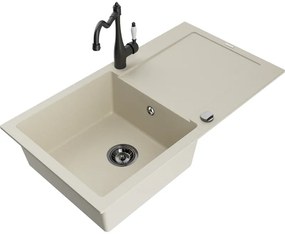 Mexen Leo, granitový drez 900x500x190 mm, 1-komorový a drezová batéria Carla, béžová, 6501-69-670700-70
