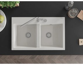 Mexen Hektor, 2-komorový granitový drez 800x480x205 mm, biela, chrómový sifón, 6521802000-20
