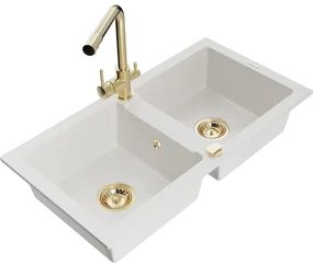Mexen Mario, 2-komorový granitový drez 820x436x161 mm a zlatá lesklá drezová batéria Duero, biela, 6504-20-671600-50