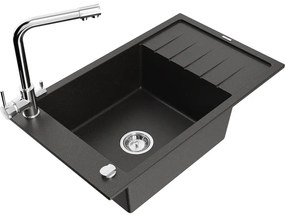 Mexen Elias, 1-komorový granitový drez s odkvapkávačom 795x480x200 mm a chrómová batéria Duero, čierna - zlatá metalíza, 6511-75-671600-00