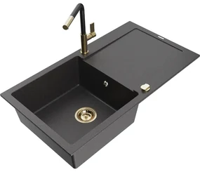 Mexen Leo, 1-komorový granitový drez 900x500x190 mm a drezová batéria Flora, čierna škvrnitá, 6501-76-670401-57-G