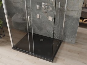 Mexen Omega, 3-stenový sprchovací kút s posuvnými dverami 130 (dvere) x 100 (stena) x 190 cm, 8mm číre sklo, chrómový profil + čierna sprchová vanička SLIM, 825-130-100-01-00-3S-4070