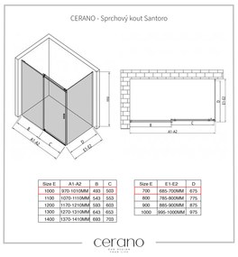 Cerano Santoro, sprchovací kút s posuvnými dverami 100(dvere) x 70(stena) x 195 cm, 6mm šedé sklo, čierny profil, CER-CER-425104