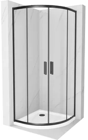 Mexen Rio, štvrťkruhový sprchovací kút s posuvnými dverami 80 x 80 cm, 6mm číre sklo, čierny profil + biela sprchová vanička, 863-080-080-70-00-4110B