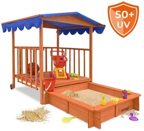 Pieskovisko s verandou HAPPY, 130x130x143 cm, hnedá/modrá Jurhan