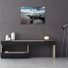 Sklenený obraz - Drevené loďky na jazere (70x50 cm)