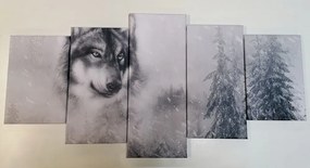 5-dielny obraz vlk v zasneženej krajine v čiernobielom prevedení - 200x100