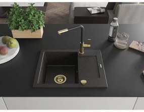 Mexen Enzo, 1-komorový granitový drez 576x465x174 mm a drezová batéria Flora, čierna-zlatá metalíza, 6506-75-670401-57-G