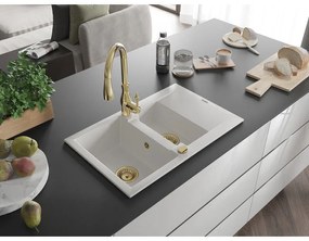 Mexen Gaspar, 1,5-komorový granitový drez 737x475x177 mm a drezová batéria Savita, biela, 6507-20-672601-50