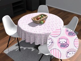 Biante Detský bavlnený okrúhly obrus Sandra SA-126 Ružové mačičky a srdiečka Ø 110 cm