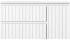 Mexen Rivel, kúpeľňová skrinka 90 cm s ľavým umývadlom Otis, 2S, 1D, drážkovaná, biela matná, 91A23-09047-3-BBFFF01-W18L01