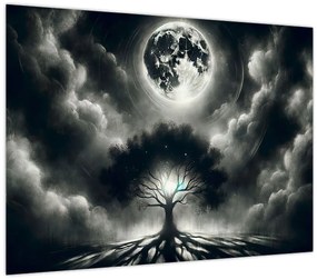 Sklenený obraz – Čiernobiely strom v splne (70x50 cm)