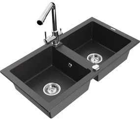 Mexen Mario, 2-komorový granitový drez 820x436x161 mm a chrómová drezová batéria Duero, čierna škvrnitá, 6504-76-671600-00