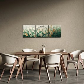 Obraz - Zlato-zelené listy (s hodinami) (90x30 cm)