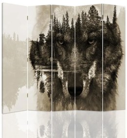 Ozdobný paraván Vlk Lesní zvířata Příroda - 180x170 cm, päťdielny, obojstranný paraván 360°