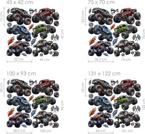 Autá typu monster truck nálepky na stenu do chlapčenskej izby list 45 x 42 cm