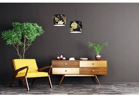 Závesné svietidlo Gold Flowers, 1x čierne textilné tienidlo s kvetinovým vzorom