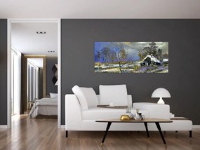 Obraz chalúpky v zimnej krajine, olejomaľba (120x50 cm)