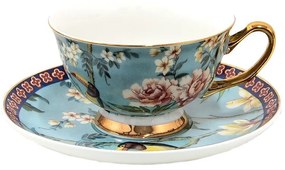 Modrá porcelánová šálka s tanierikom s kvetmi a Tukanom - 12*10*6 cm / Ø 15*2 cm / 200 ml
