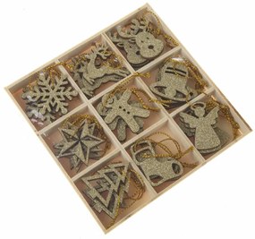 Sada vianočných drevených ozdôb v krabičke 36 ks, zlatá