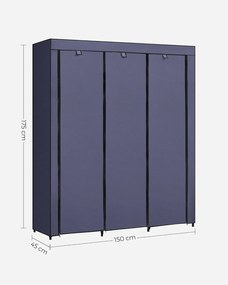 Veľká látková skriňa, 2 závesné tyče, 9 políc, 175x150x45cm, tmavo modrá