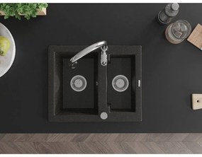 Mexen Carlos, 1,5-komorový granitový drez 582x475x177 mm a drezová batéria Savita, čierna-zlatá metalíza, 6518-75-672601-00