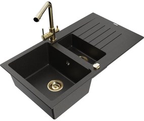 Mexen Matias, granitový drez 900x505x200 mm, 1,5-komorový a zlatá batéria Duero, čierna-zlatá metalíza, 6502-75-671600-50